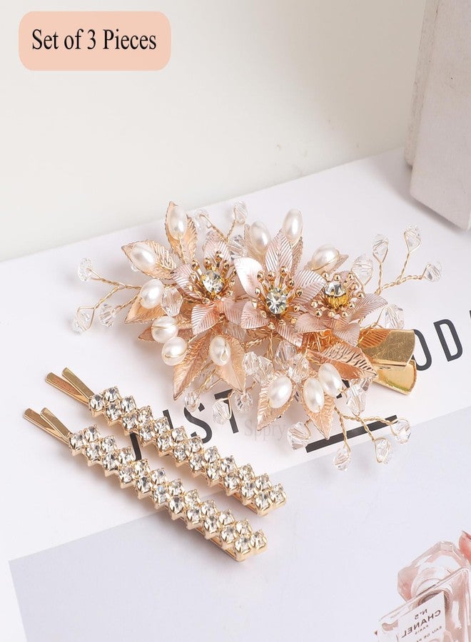Sppry Floral Crystal Pearl Alligator Hair Clip and Rhinestone Bobby Pins, Elegant Hair Accessories for Bridal Women in Wedding or Prom, Set of 3 (Gold) - Image 2